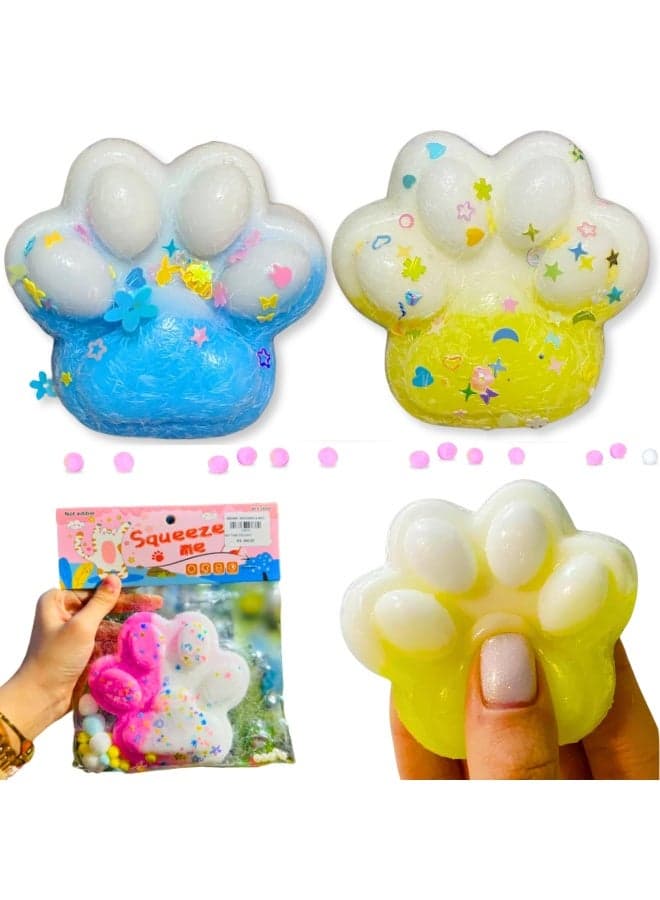 2pcs Big Size Squishy Cat Paw Squeeze Toy with 10 Mini Fluffy Balls, Kawaii Soft Stress Relieving Fidget Toy, Cute Sensory Toy for Kids, Teenagers, Adults, Birthday Gift, Portable Fun