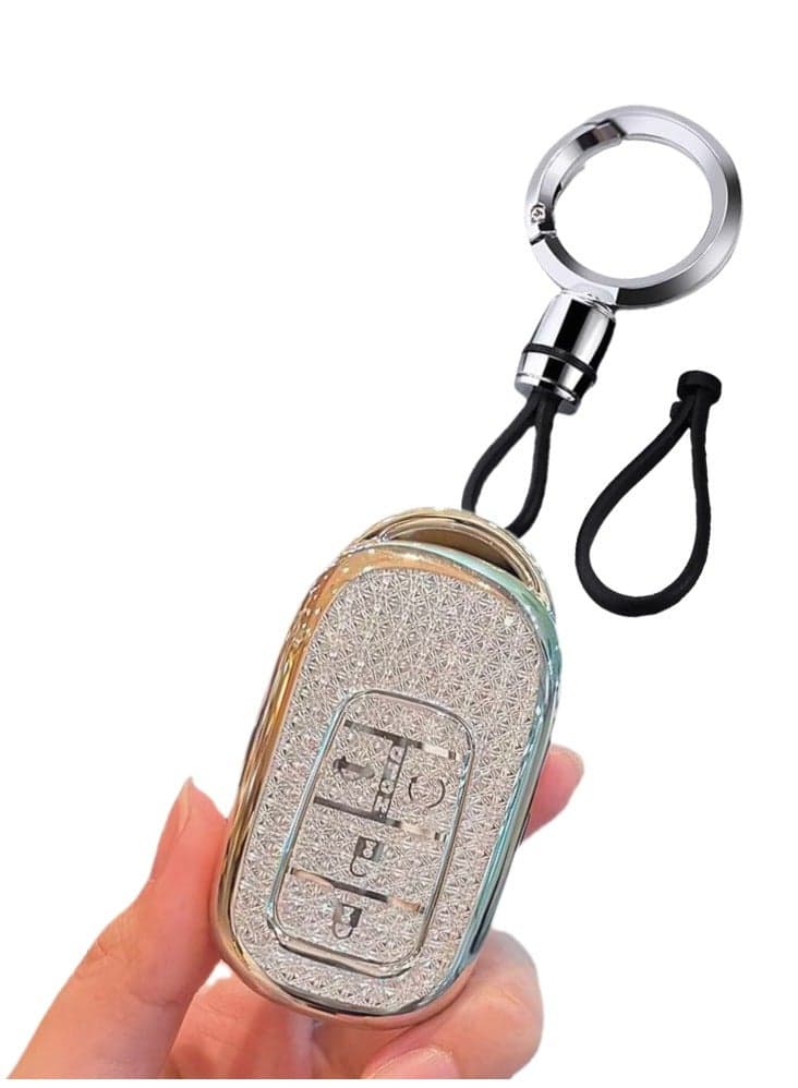 OUYoo for Honda Key Fob Cover, Soft TPU Keys Protector Bling Key Fob Keychain for 2022 2023 2024 2025Accord Civic HR-V CR-V Pilot Smart Key Case, Silver Clear
