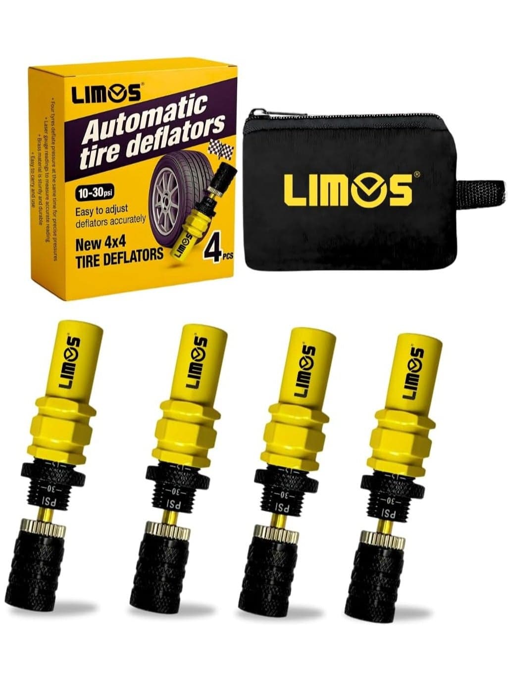 4PCS Tire Deflators – Adjustable 10-30 PSI (0.7–2.1 RAB), Automatic Air Release Valve Kit with Storage Pouch for Off-Road 4x4, Jeep, Truck, ATV, SUV – Pre-Set & Quick Deflation