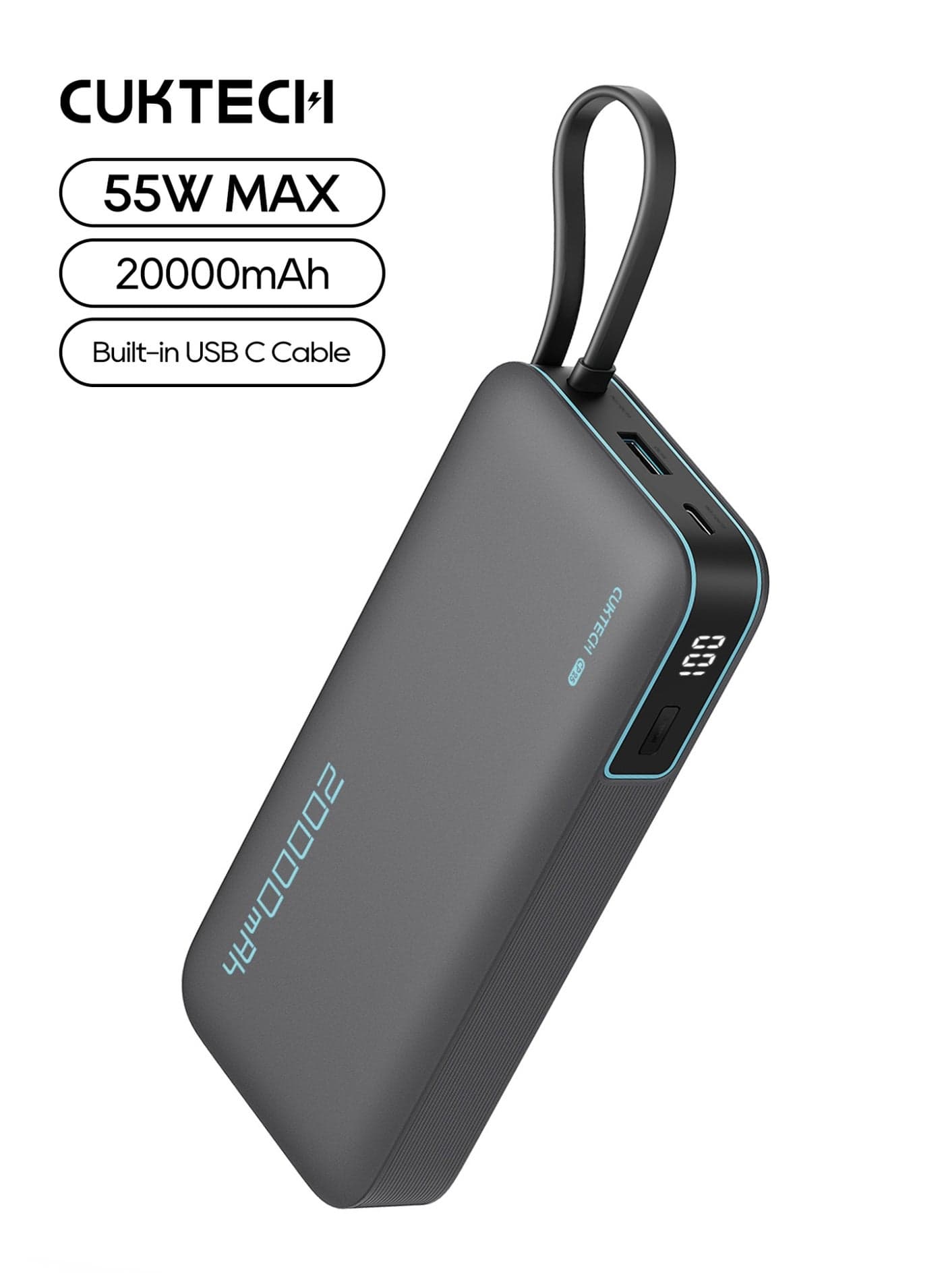20000mAh Power Bank, 20,000mAh 55W MAX Portable Charger with Durable Built-in USB-C Cable (CP25), Slim Fast Charging Battery Pack Compatible with Xiaomi 15, iPhone 17/16, Samsung S25, Switch - Grey
