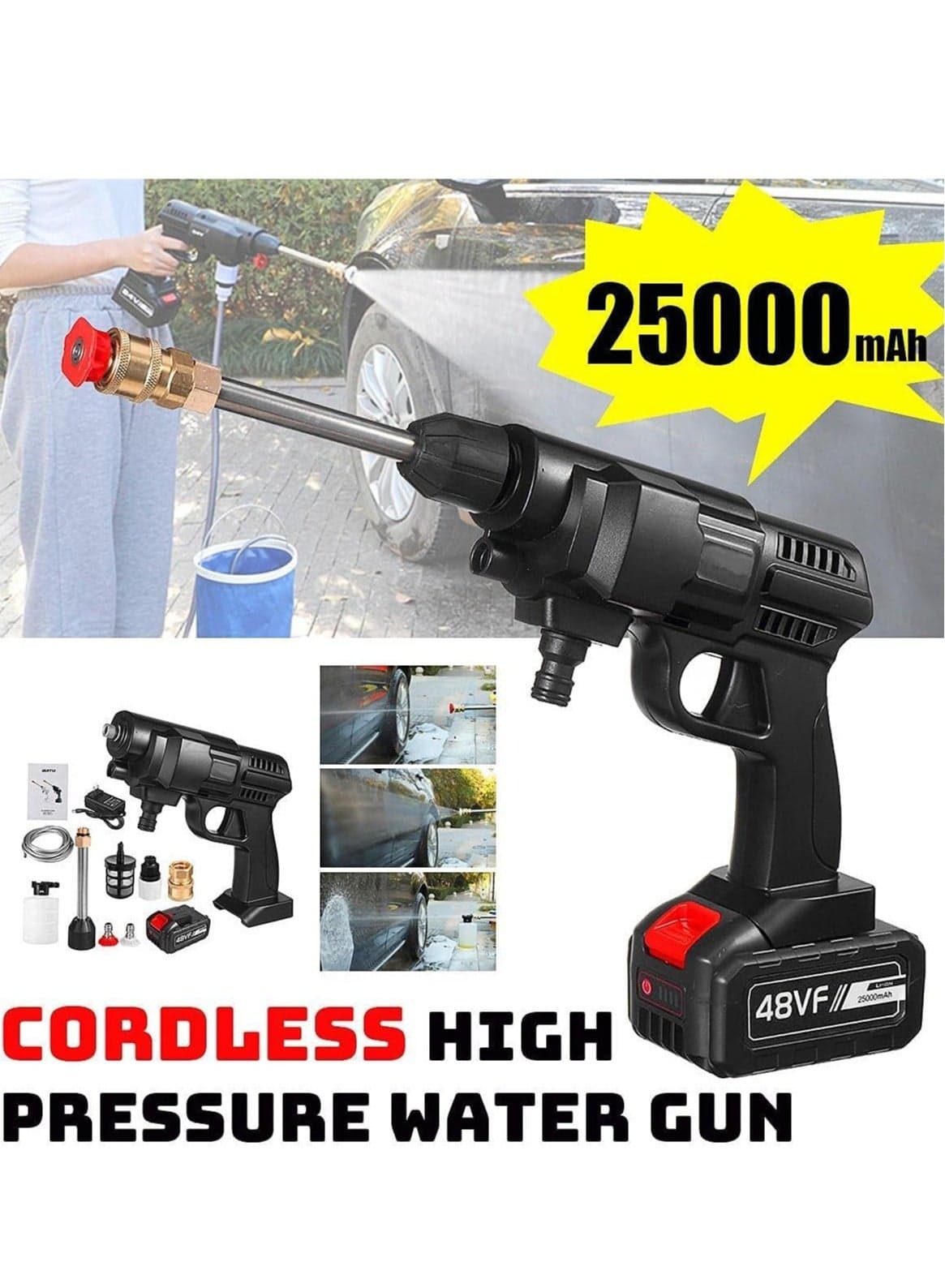 48V 25000mAh 30Bar Cordless High Pressure Car Washer with Nozzles Water Gun Set Garden Cleaning Jet Car Washing Machine