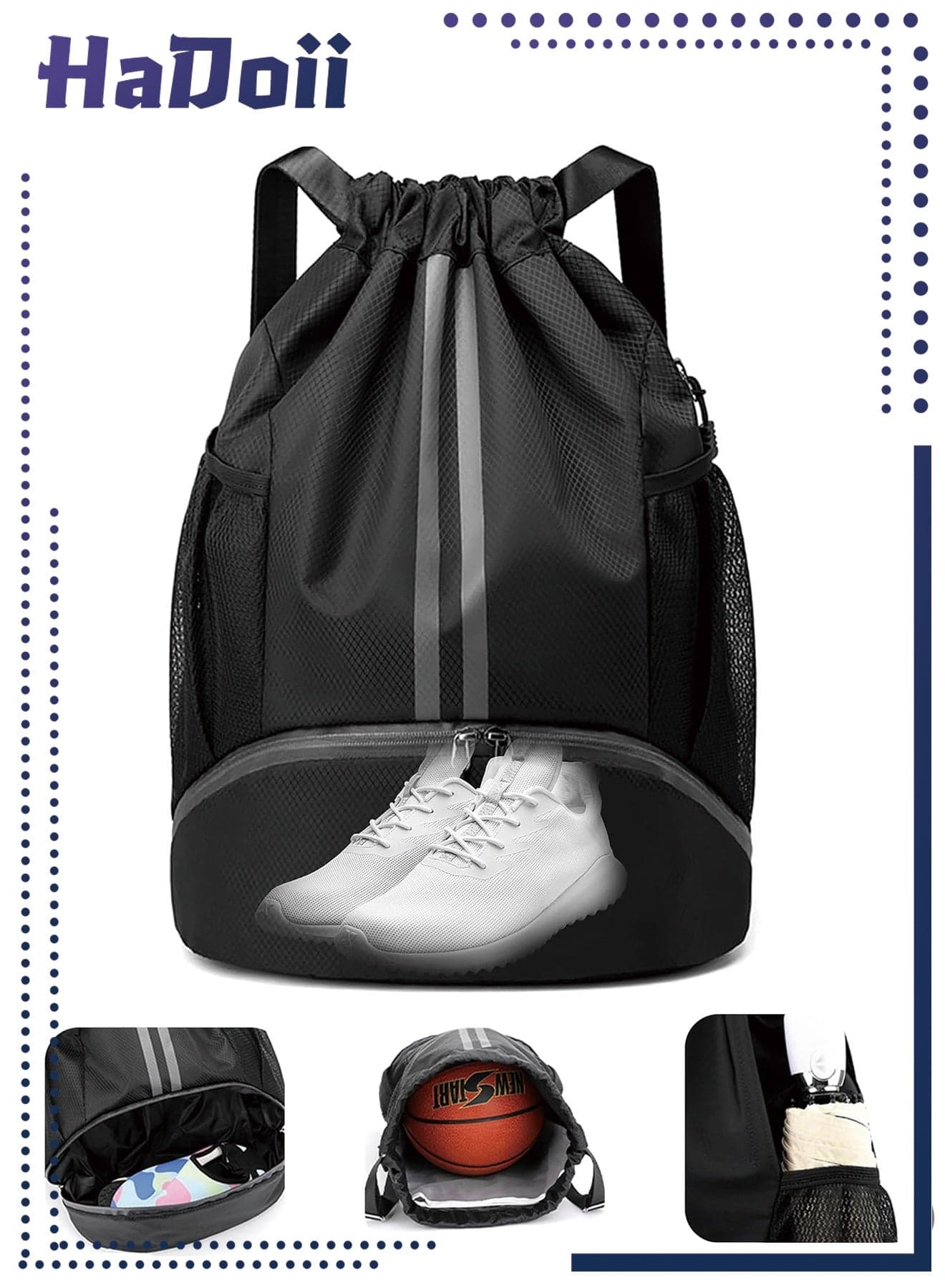 Sports Drawstring Gym Bag, Waterproof Drawstring Backpack with Side Mesh Pockets, Sport Bag with Shoes Compartment for Women Men