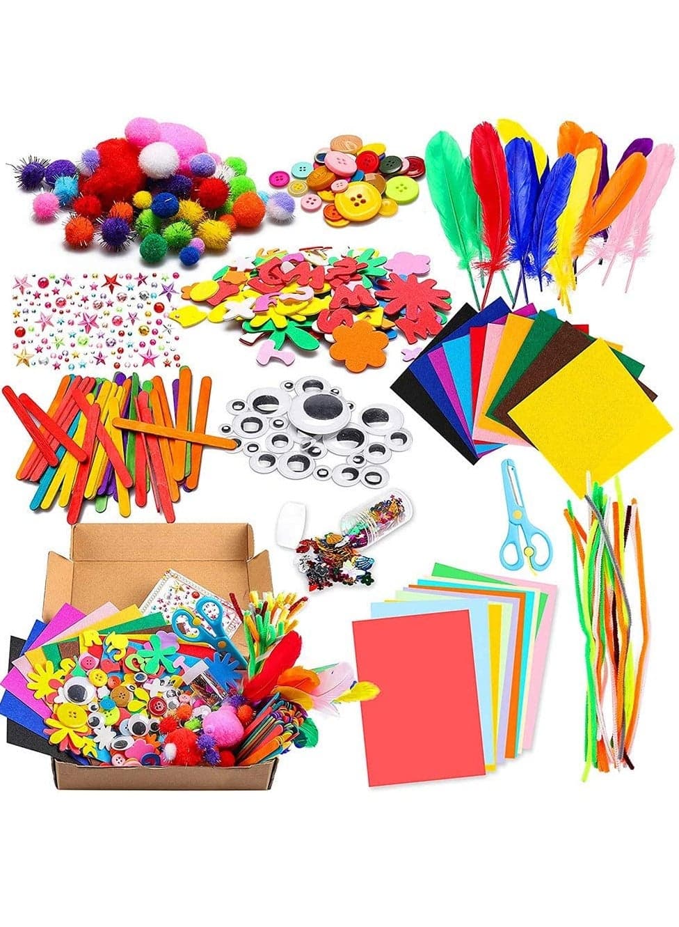 1000Pcs DIY Art Craft Kit for Kid Handmade Supplies Kit for Kids, Project Scrapbook Craft Kit Crafting School Flash Pompoms, Feathers, Buttons, Children's Sequins Art Supplies, Pipe Cleaner