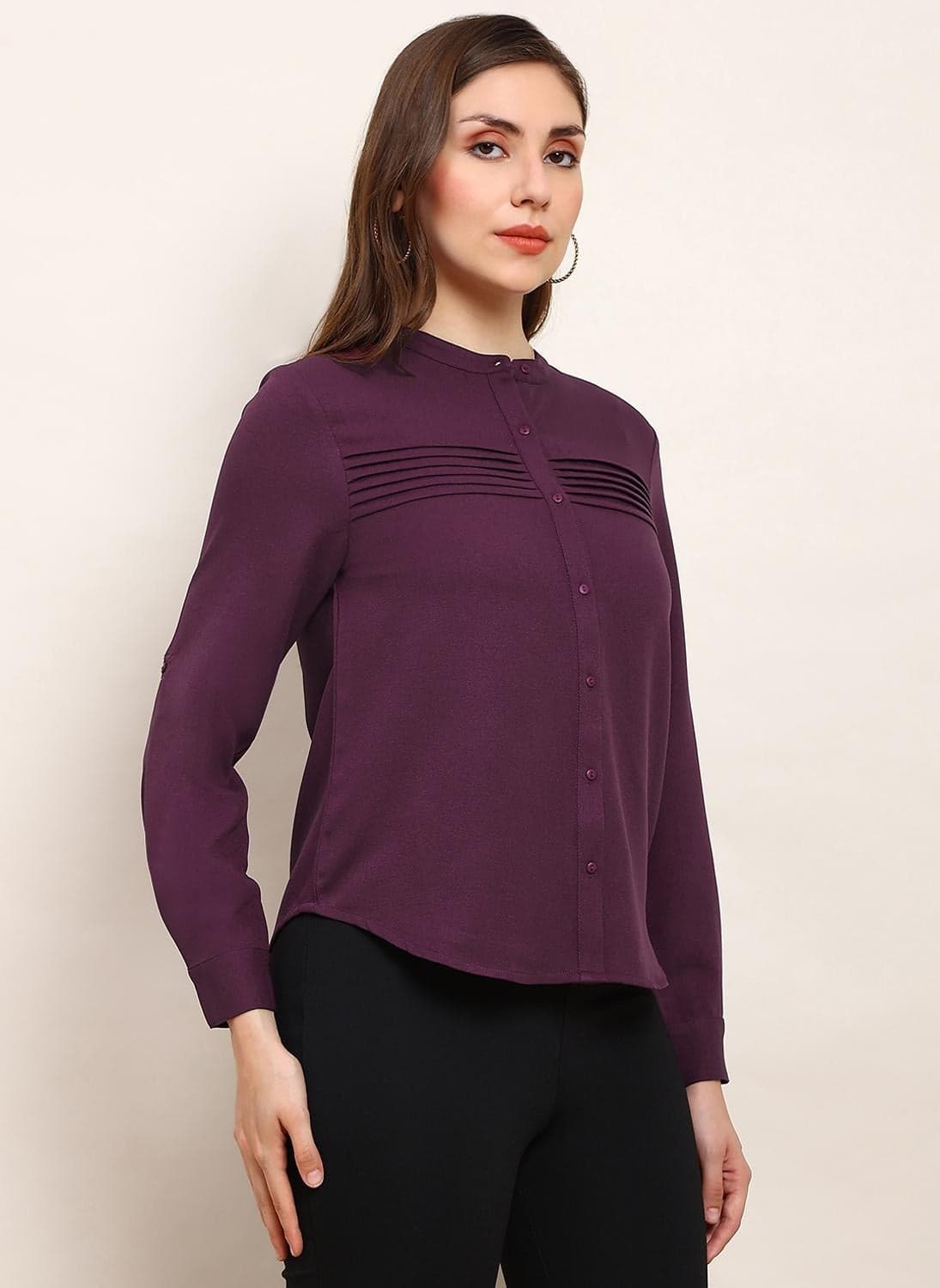 Globus Women Burgundy Mandarin Collar Cuffed Sleeves Solid Curved Hem Pleated Workwear Shirt
