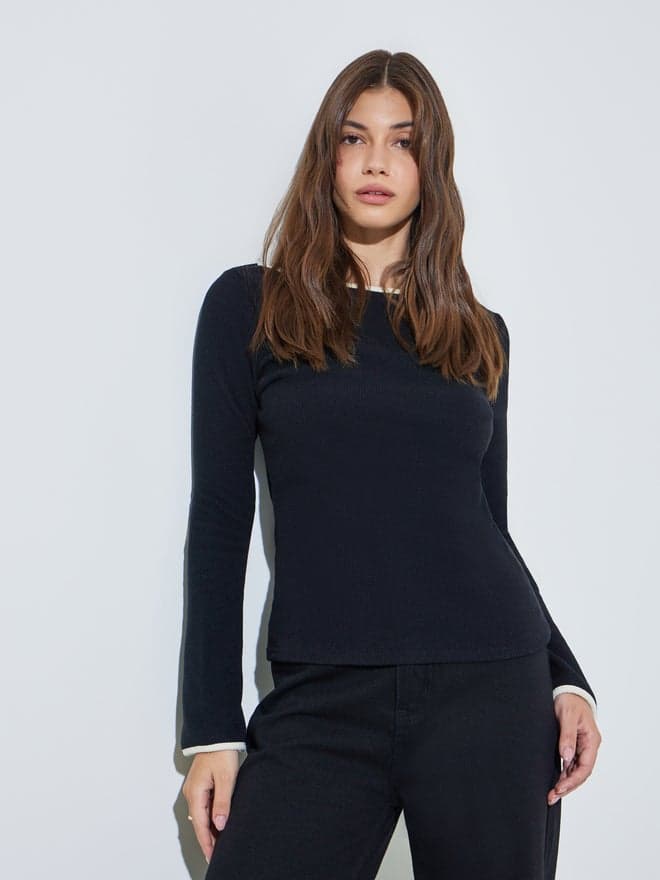 Styli Black Boat Neck Knit Top with Tipping Detail
