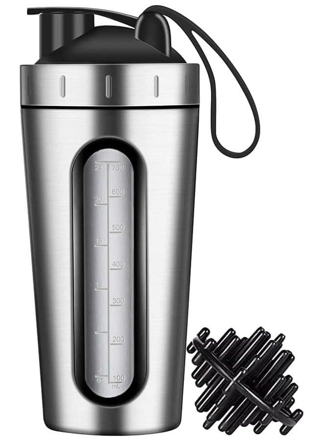 Protein Shaker Bottle, Protein Shaker Cup with shaker ball, Visible Window, Stainless Steel Shaker Bottle Leak Proof (silver)