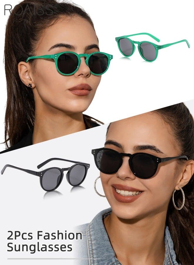2Pcs Vintage Round Sunglasses for Men Women, UV400 Protection Sun Glasses, Fashion Decorative Eyewear for Outdoor Party Street Photography, Aesthetic Accessories Black and Green