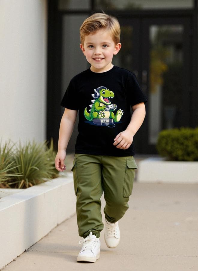Boys Dino Gamer Graphic T-Shirt And Cargo Pants Set