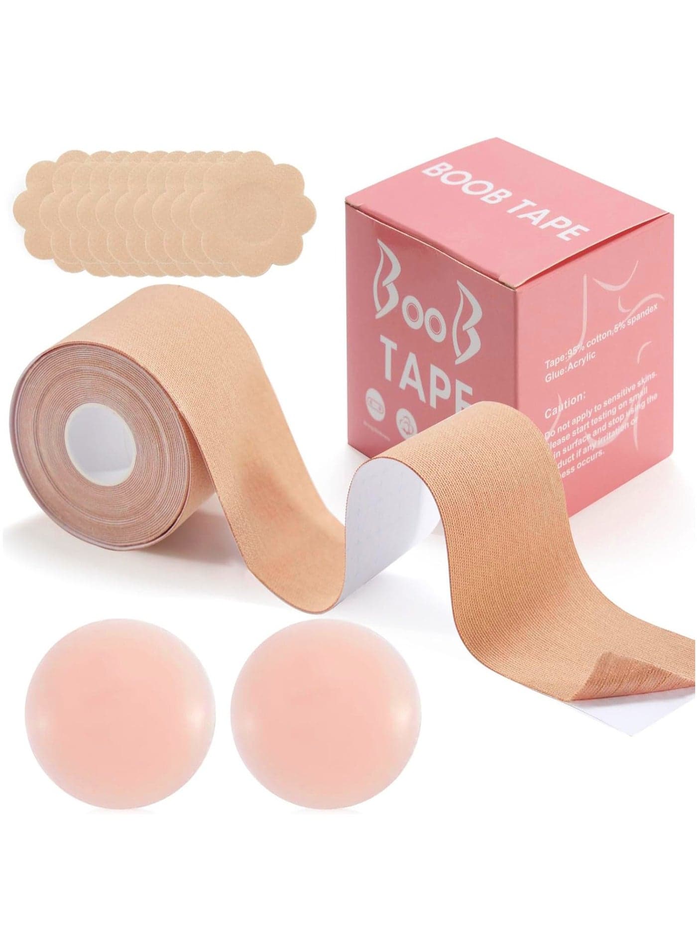 13-Piece Breast Tape, 5 M Extra-Long Roll Breast Tape, with 2 Pcs Reusable Nipple Covers, Adhesive Strapless Lift Tape for A-G Cup Beige