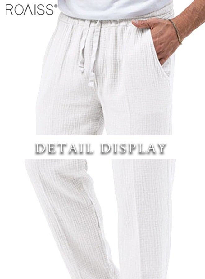 Men's Casual Linen Pants Breathable Summer Trousers with Loose Straight-Leg Fit and Comfortable Elastic Drawstring Waist Daily Wear Lightweight, Breathable Fabric Keeps You Cool All Day White