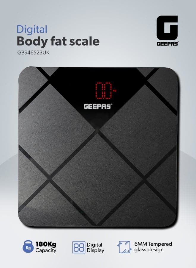 Geepas Digital Body Scale With Digital Display, Max Weight 180 Kgs, 6 MM Tempered Glass, Anti-Slip Design, Red Lattice LED, Auto On-Off, High Precision Strain Gauge Sensor