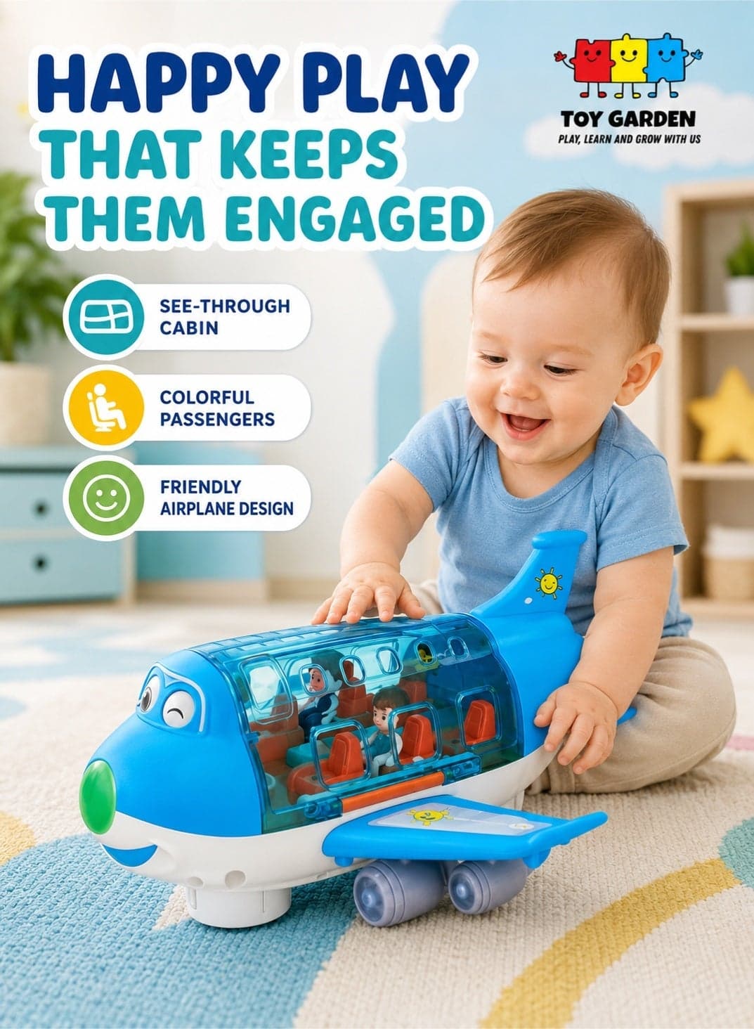 Electric Toy Airliner Plane Rotating Airplane Vehicles with Light and Music Airline Toy Vehicle Gift for Kids Boys Girls 3 4 5 6 Year Old and Up, Blue