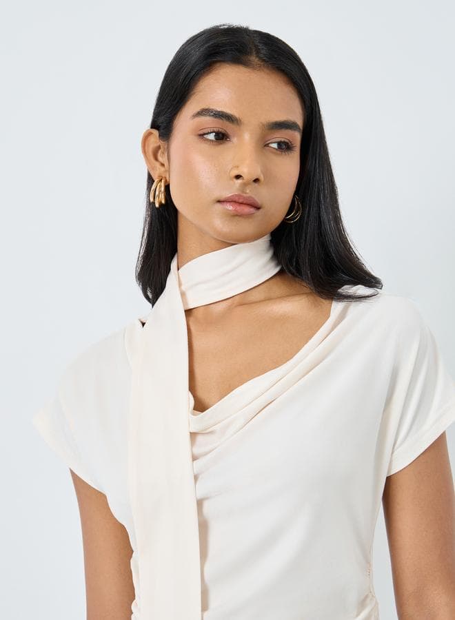 Take Two Beige Cowl Neck Blouse with Scarf Detail