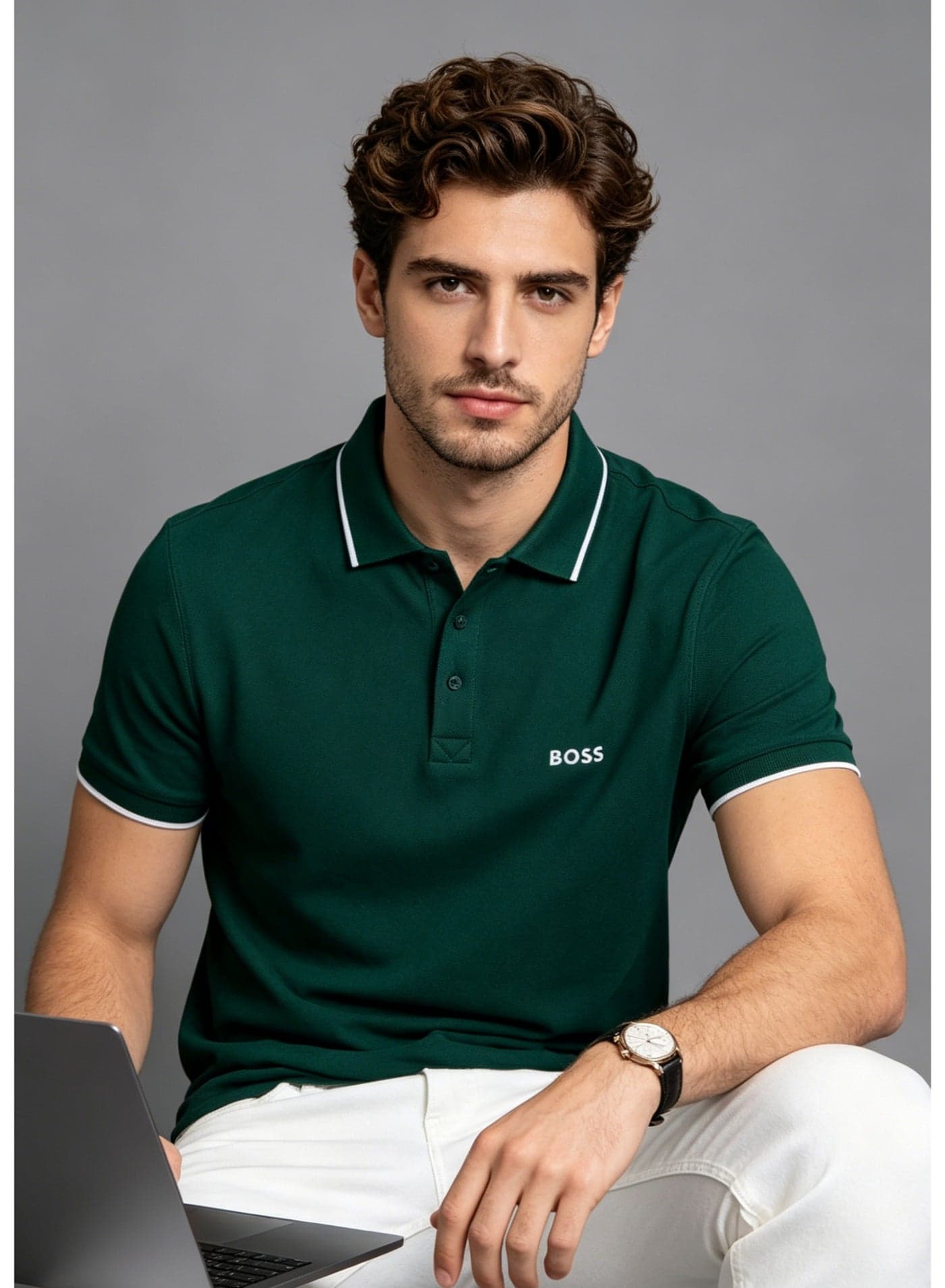 BOSS Men's Short Sleeve Contrast Tipped Polo Shirt, Earthy Casual Regular Fit, Dark Green