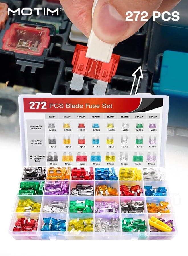 272 Pcs Car Fuse Assortment Kit, Car Blade Fuses Kit with Fuse Puller, Mini Low Profile Fuse Automotive Kirsite Fuses, Replacement Standard Fuses for Car/RV/Truck/Motorcycle, (5A 7.5A 10A 15A 20A 25A 30A 40A)