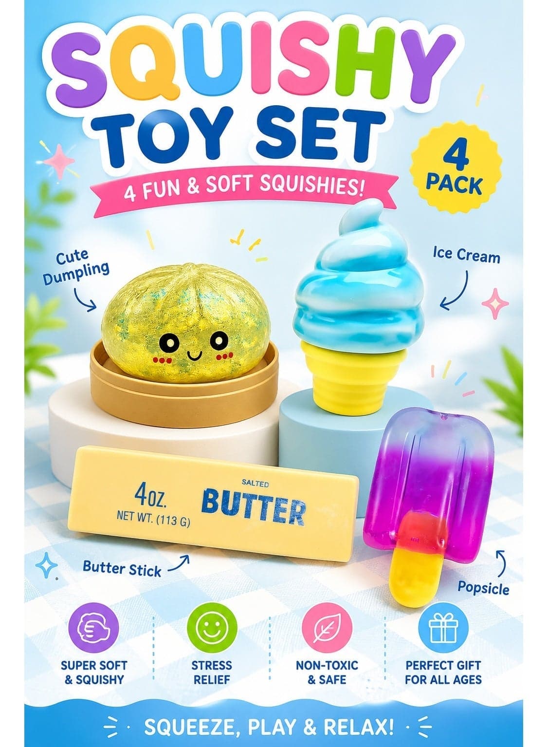 Glitter Dumpling Squishy Mystery Box, Butter Squishy , Ice Cream Squishy Toy, popsicle Squishy Set