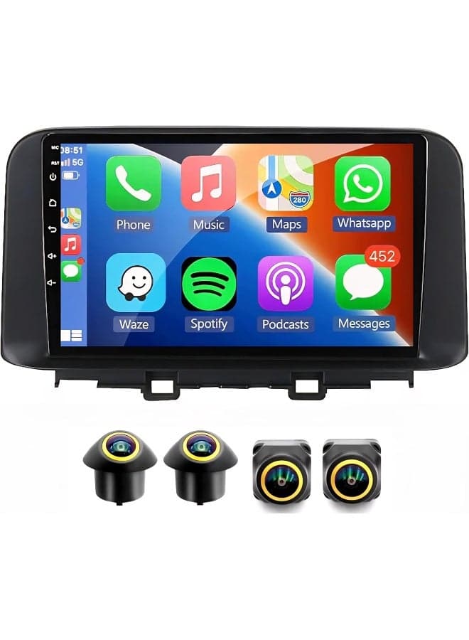 Fit Hyundai Kona Car Stereo Kona Android Screen 2017-2019 With Apple Carplay Android Auto Wireless WiFi DSP FM&AM BT AHD Camera Included Fast Interface (4+32GB 360D Cameras)