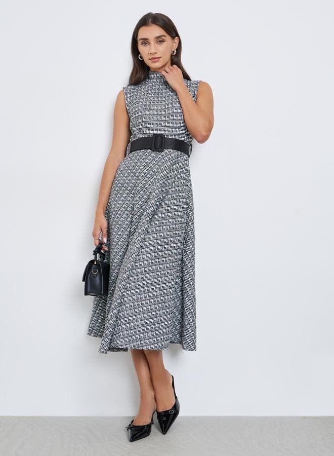 Black and White Belted Sleeveless A-Line Midi Dress