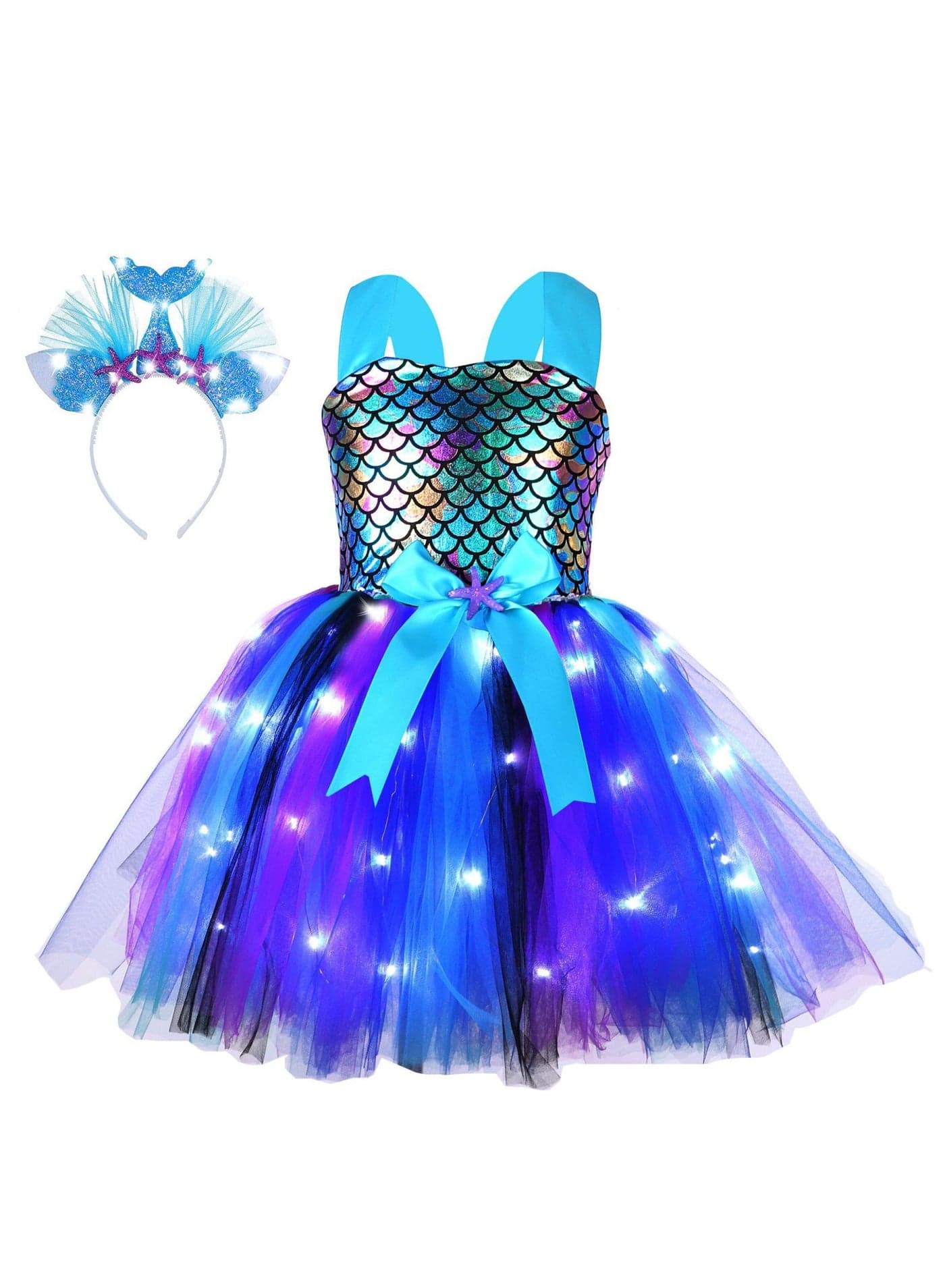 Girl Mermaid Dress Princess Dress with LED Lights, Dress up Gift Princess Dress Birthday Gift (5-6 Years Old L)