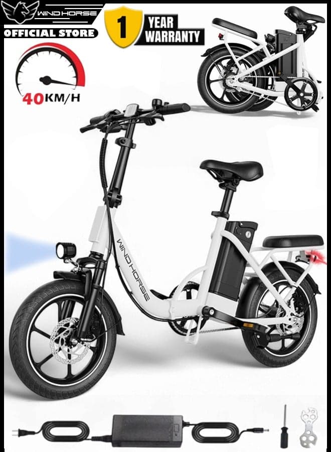 Folding Electric Bike with 350W High Speed Motor, 36V 8AH Battery, 40 KM/H Speed, 35 KM Range, Dual Disk Brakes, Carbon Alloy Frame, 16-Inch Tires, Front Suspension Fork, Portable Electric Bike with Dual Seat