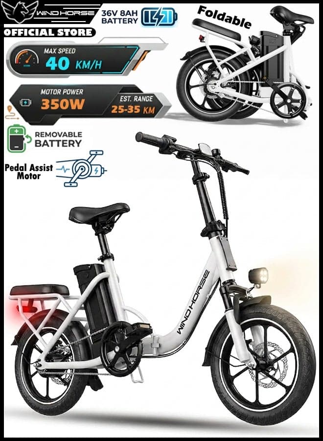 Folding Electric Bike with 350W High Speed Motor, 36V 8AH Battery, 40 KM/H Speed, 35 KM Range, Dual Disk Brakes, Carbon Alloy Frame, 16-Inch Tires, Front Suspension Fork, Portable Electric Bike with Dual Seat