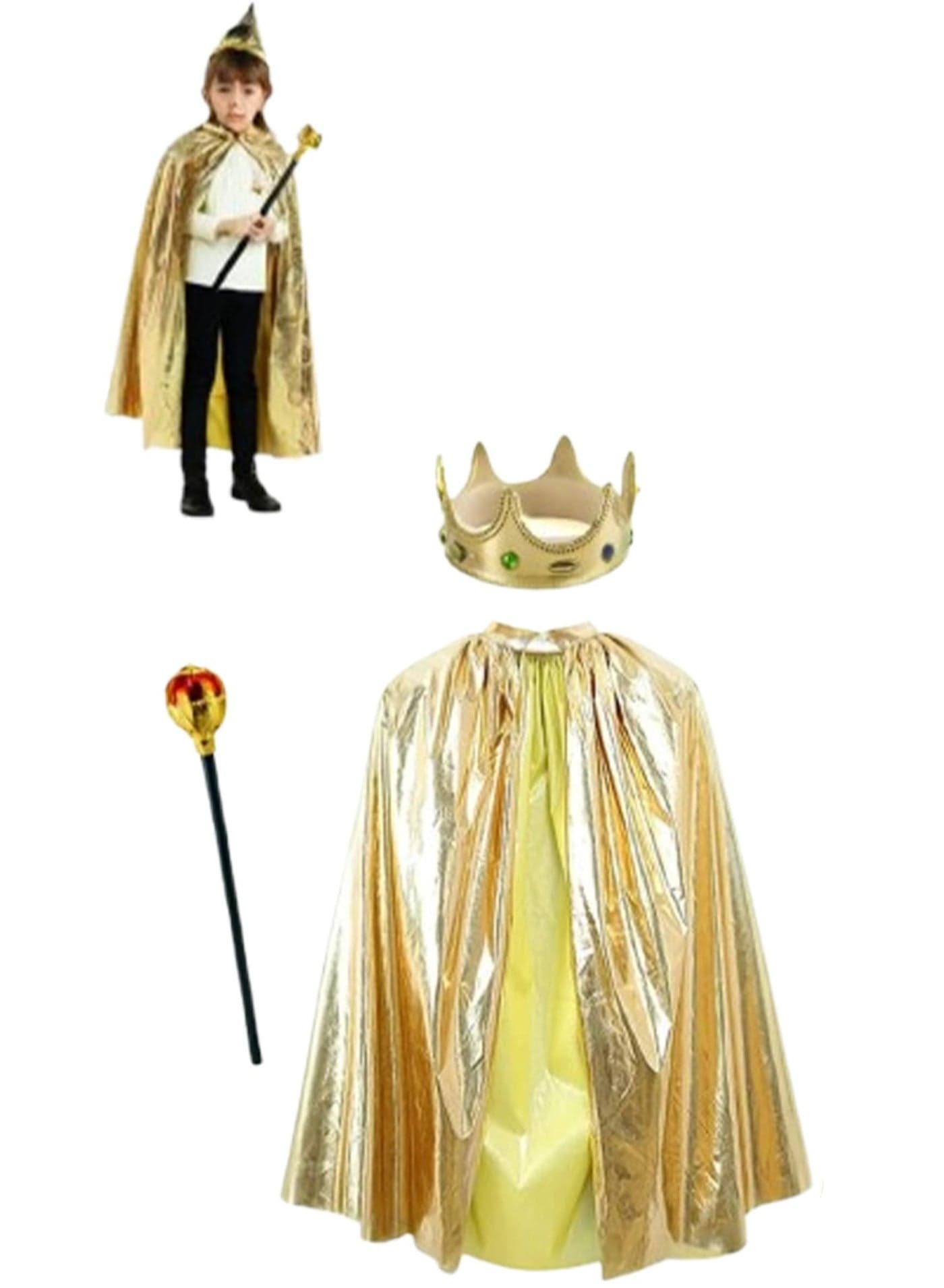 Kids King Costume Set, King Crown, Cape, Scepter, Royal Dress-Up Accessories for Halloween Fancy Dress Cosplay Party Carnival, 80cm