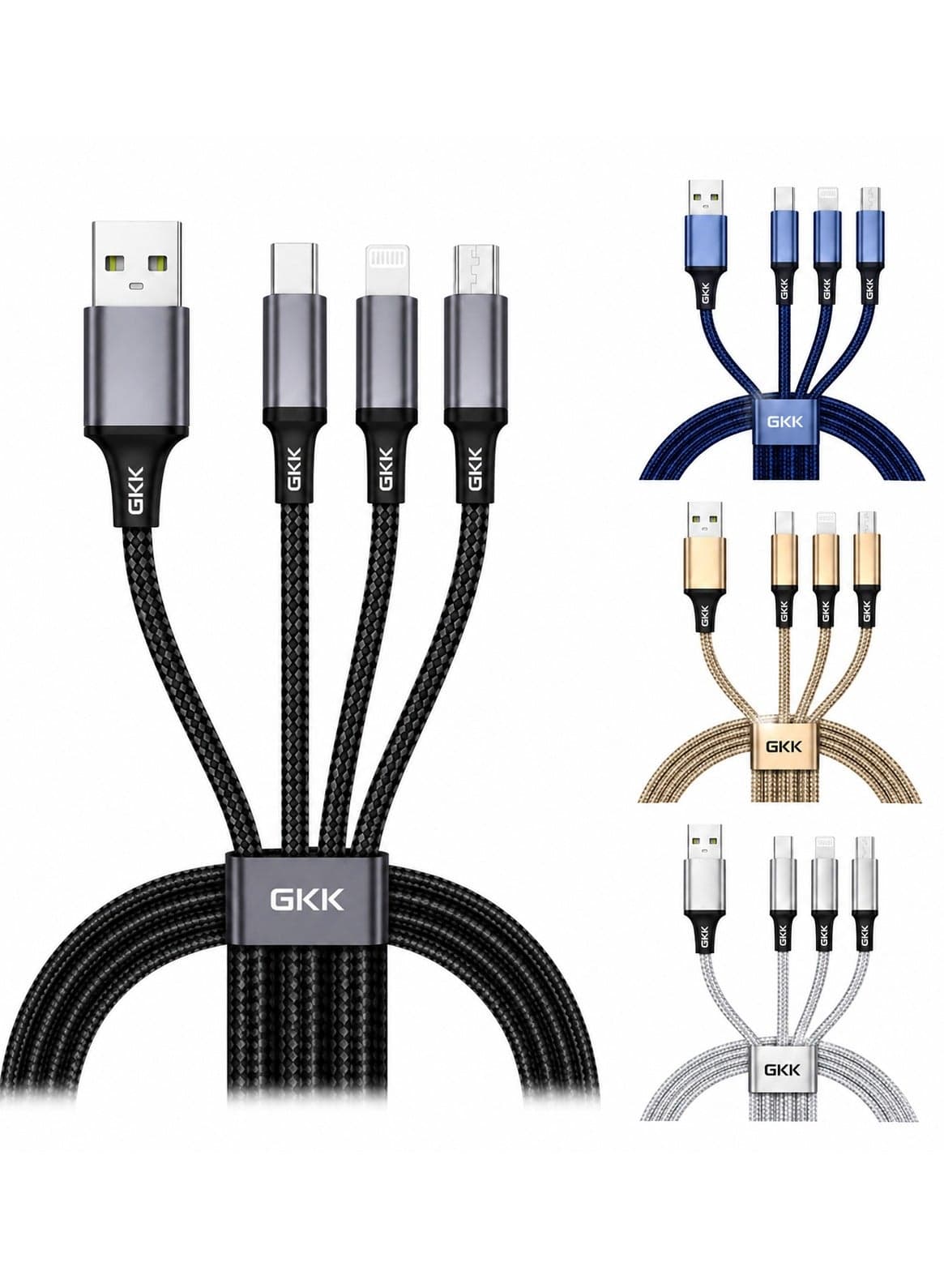 3 in 1 Fast Charging Cable 3.4A Braided Nylon Multi Charging Cable with USB Type-C, Lightning & Micro USB Connectors, Universal Charger Cord for iPhone, Samsung, Huawei, Xiaomi, Power Bank, Car & Tablet, Assorted Colours