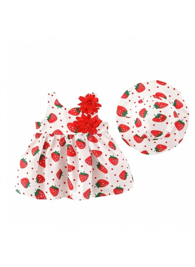Baby Girls’ Strawberry Print Sundress & Hat Set | Cotton | 18‑24 Months | White & Red | Lightweight & Breathable | Flower Appliqué | Perfect for Summer Photos, Birthdays & Outdoor Play