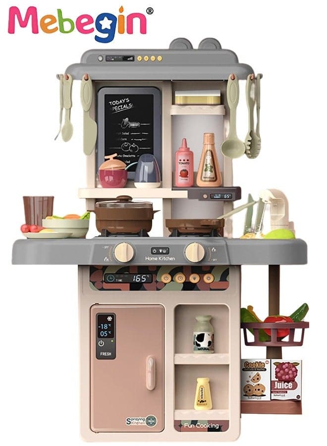 55Pcs Pretend Kitchen Toy Set with Accessories, Kitchen Play Set Toy with Realistic Light Sound Steam Simulation, Indoor Kitchen Cooking Playset Toys with Water Outlet, Toys for Children Kids Girls