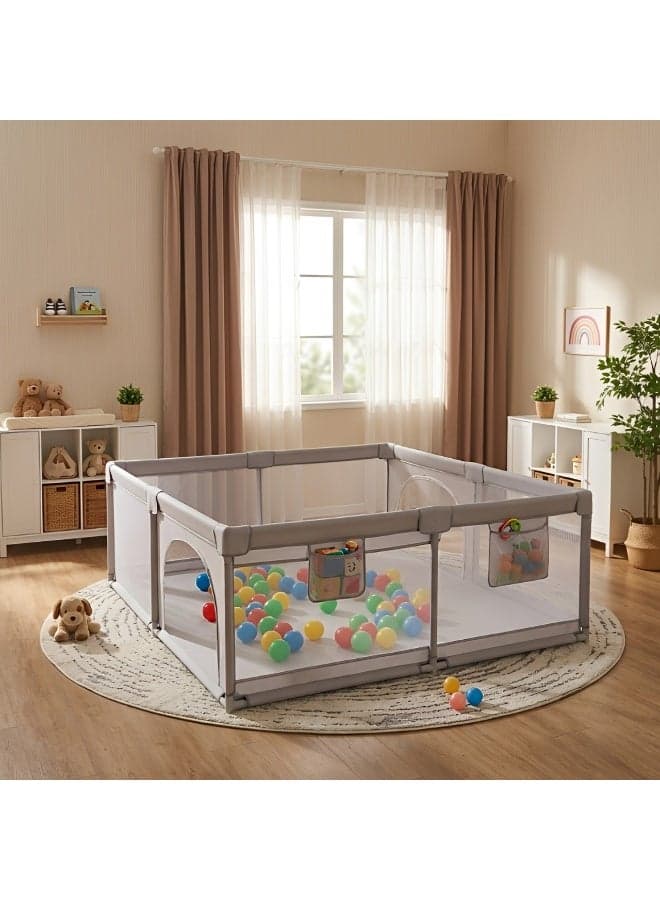Baby Playpen for Babies & Toddlers, Extra Large Baby Play Yard with 50 Balls, Safety Baby Fence Play Area, Portable Playpen with Breathable Mesh, Non-Slip Suction Cups for Indoor & Outdoor (Grey, 120x120cm)