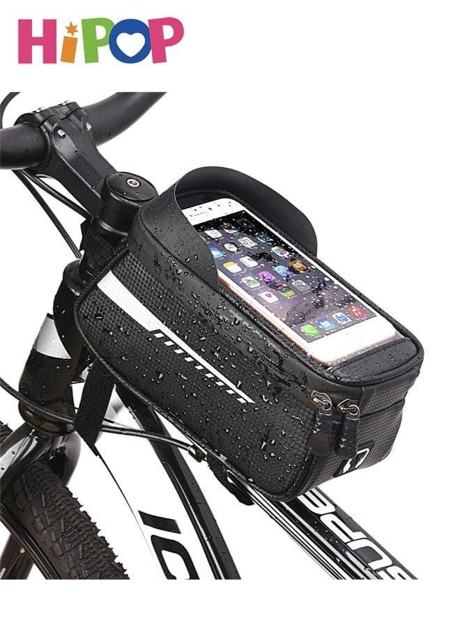 Waterproof Bike Frame Bag, Bicycle Phone Pouch with 3.5mm Audio Jack & TPU Touch Screen & Sun Visor, Crossbar Top Tube Stem Bag for Mountain Bike Cycling, Cycle Bicycle Bag Cell Phone Holder for Smartphones up to 6.5 Inch