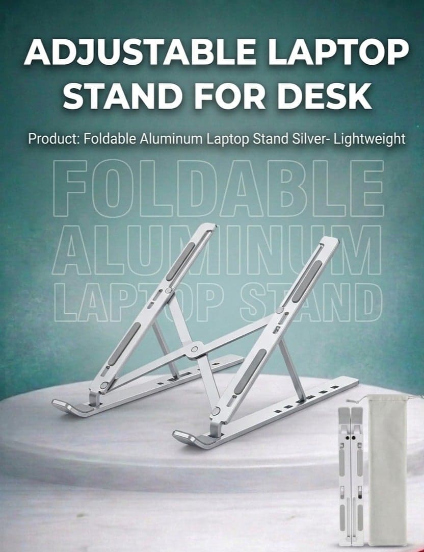 Adjustable Laptop Stand for Desk- Foldable Aluminum Laptop Stand Silver- Lightweight, Portable Laptop RiserDurable Laptop Holder Adjustable Compatible with MacBook, Dell, HP & More- 27x5.5x2.5cm