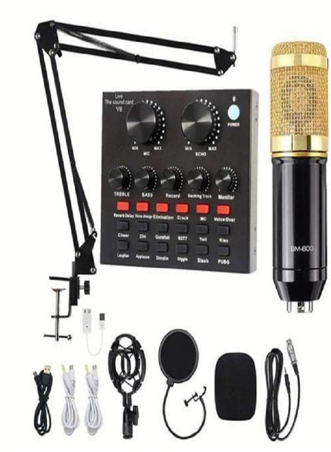 Professional Studio Microphone Set – V8 Sound Card, Adjustable Stand, Shock Mount, Pop Filter & More – Perfect for Recording, Streaming & Podcasting 🎧