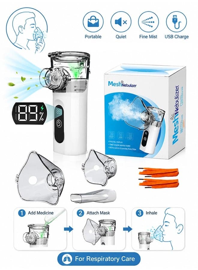 Ultrasonic Handheld Mesh Nebulizer with 3 Mask, Smart Digital Display Adjustable Electronic Atomizer, Portable Rechargeable Quiet Nebulizer Machine for Kids Travel Home