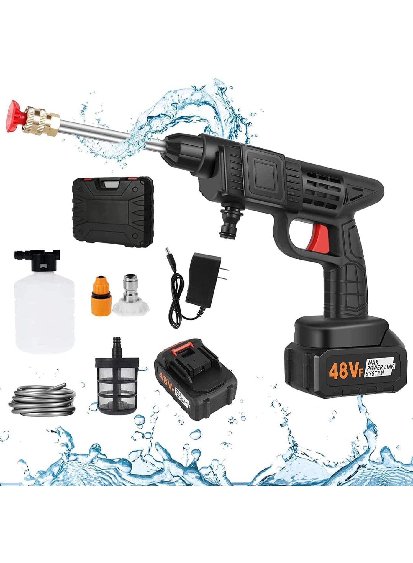 48V Cordless High-Pressure Water Sprayer – Rechargeable Car Washer with Accessories, 2 Spray Modes, Portable Power Washer for Car Washing, Floor & Outdoor Cleaning