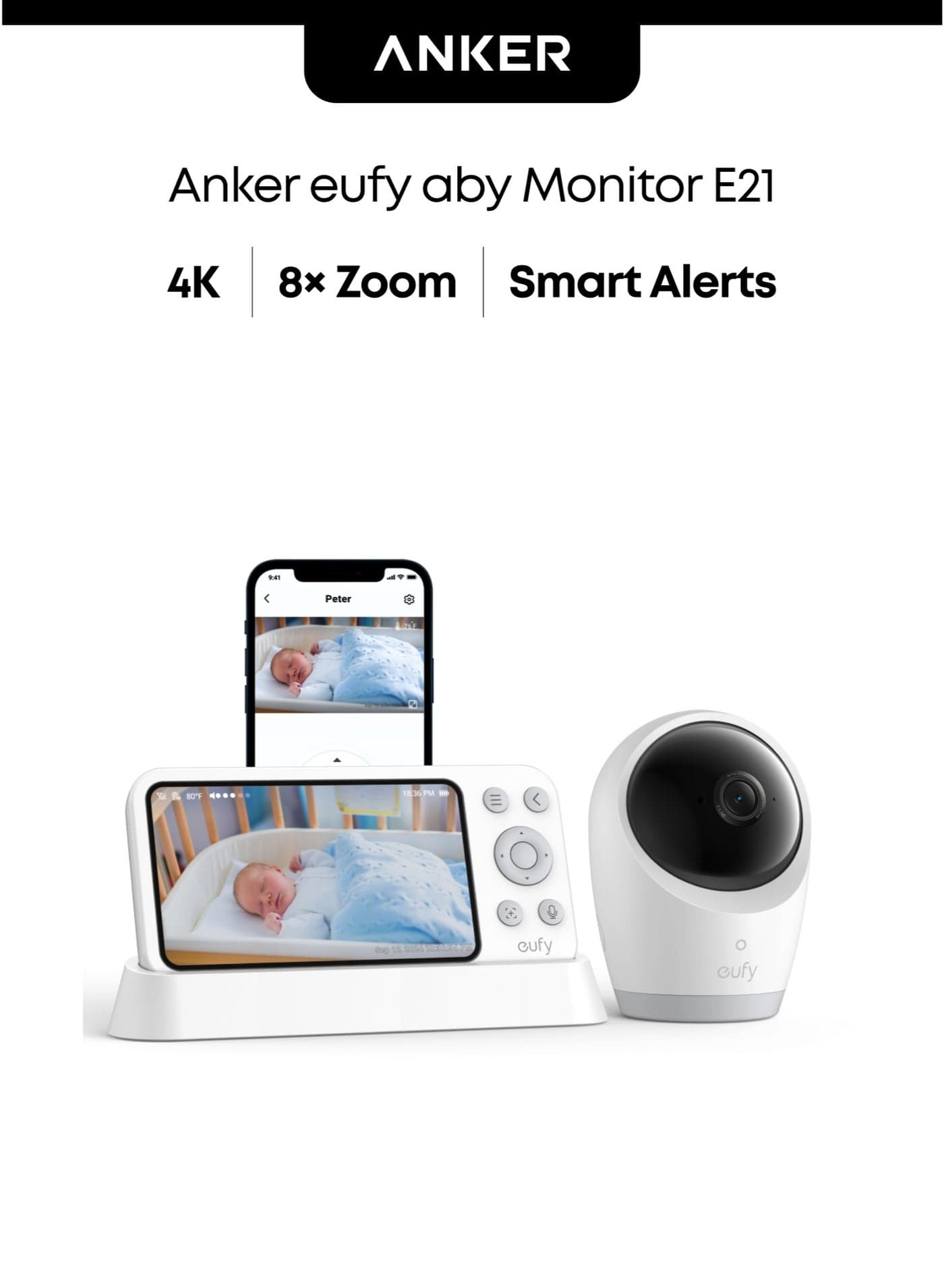 eufy Baby Monitor E21 with 4K Camera, Hybrid Wi-Fi and No Wi-Fi Connection, App and Monitor Control, Ultra-Clear Night View, Pan-Tilt, 8× Zoom, Portable Camera with Built-In Battery, ANR, Smart Alerts