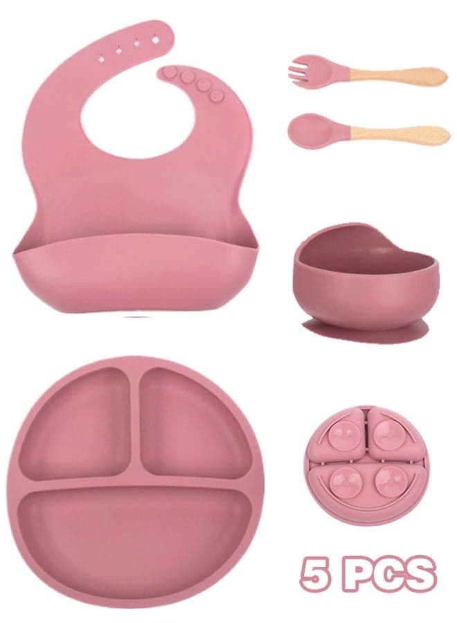 5-Pieces Silicone Baby Feeding Set, Baby Led Weaning Supplies with Suction Bowl and Divided Plate, Wooden Spoon and Fork, Toddler Tableware Set with Adjustable Soft Silicone Bib