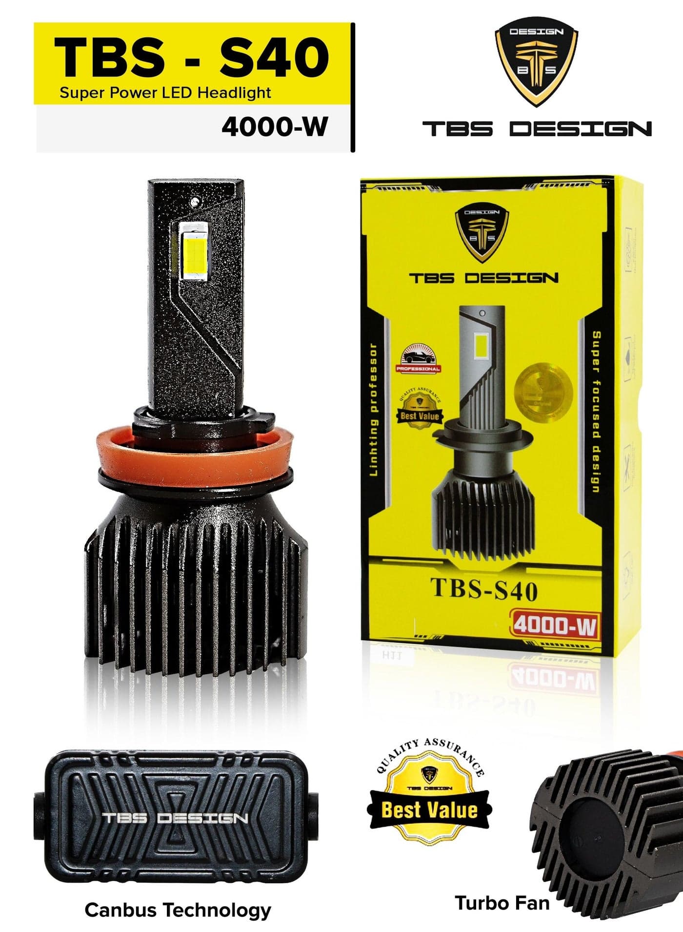 TBS DESIGN S40 9006 LED Headlight Bulbs 6500K Super Bright HB4 LED Bulb High Low Beam Halogen Replacement LED Headlights Conversion Kit, 2 Pack