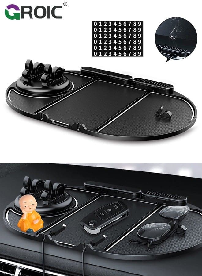 6-In-1 Non-Slip Phone Pad for Car, Multifunctional Dashboard Mat Anti-Skid Car Dashboard Sticky Pad Car, Navigation Frame+Number Plate+Aromatherapy+Storage Place+Glasses Slot+Charging Cable Buckle