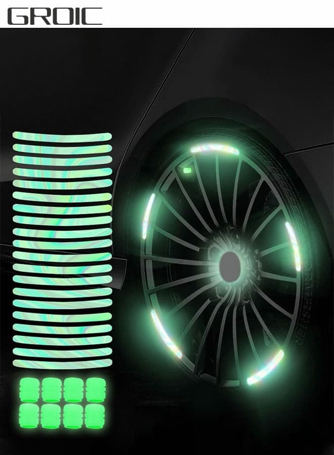40PCS Car Wheel Hub Reflective Sticker Night Driving Safety Warning Strip, Glow in The Dark Car Wheel Rim Tape Reflective Stripes Decals Stickers with 8PCS Luminous Valve Cap,Car Decoration