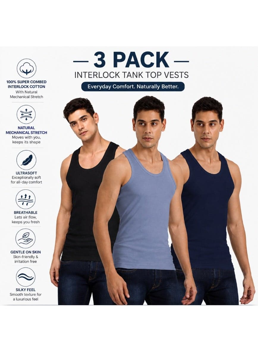 Platinum Collection Double-Knit 100% Cotton Mens Vest Undershirt Tank Top Ultrasoft Breathable Sleeveless Sando Pack of 3
