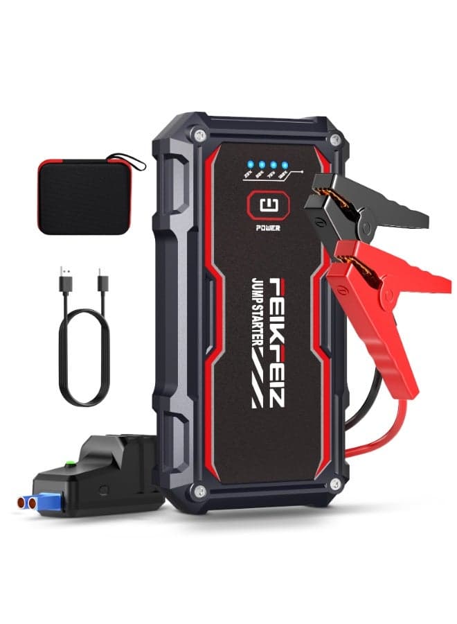 3-in-1 Portable Car Jump Starter 6000A Peak 26800mAh, Supports All Gasoline/8.0L Diesel Vehicles, 12V Battery Jumper Starter with USB Charge Output Port, Smart Jumper Cables, LED Flashlight, Storage Box.