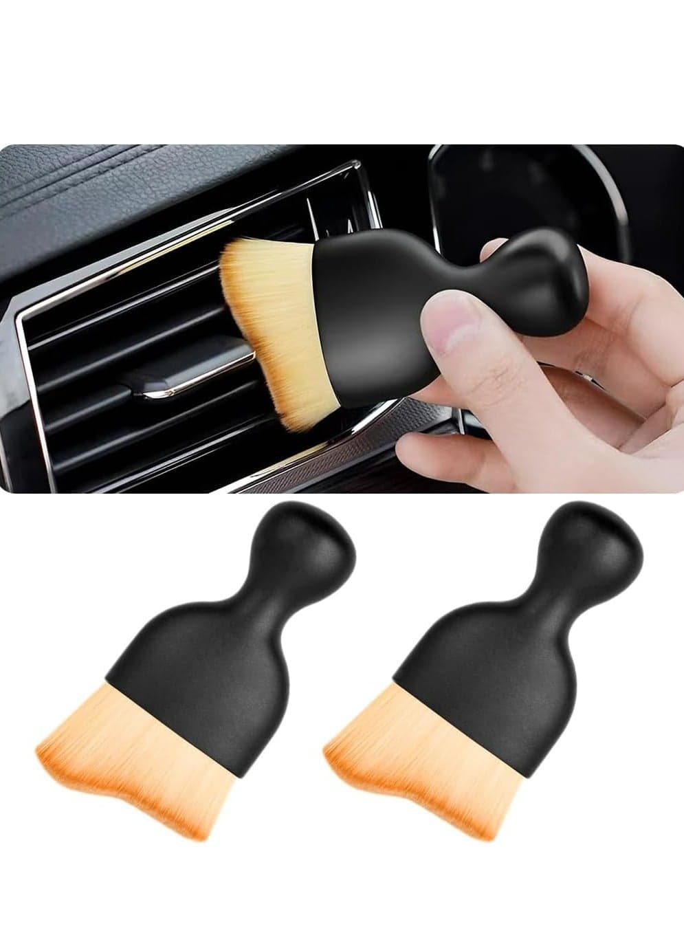 2-Pack Brown Car Detailing Brushes with Dust Covers, Soft for Interior, Scratch-Free, Curved for Dirt Collection.