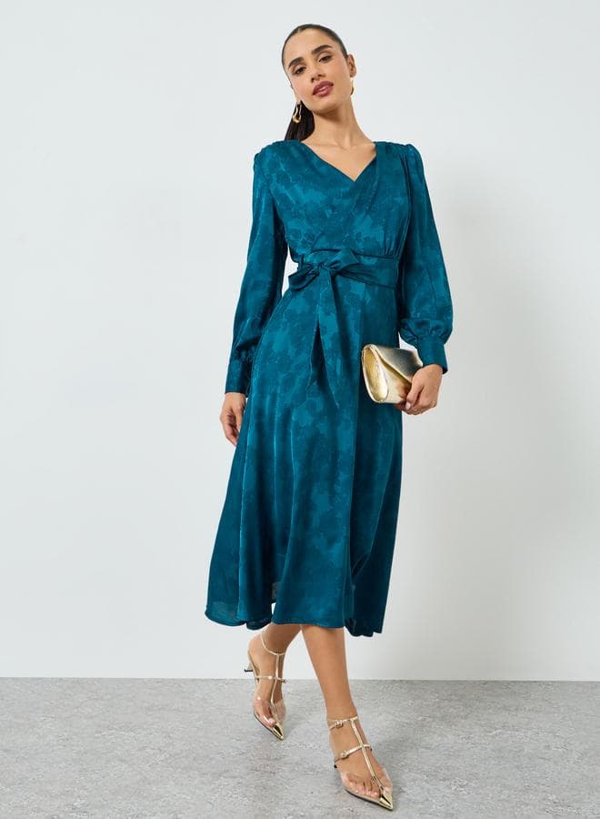 Teal Jacquard Wrap Midi Dress