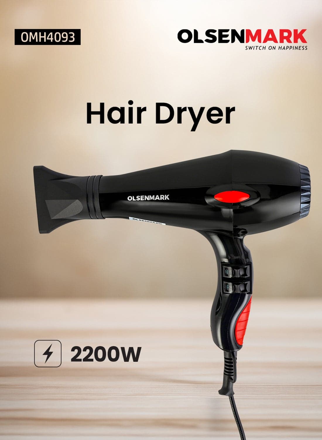 Olsenmark Hair Dryer OMH4093K, High Speed hair styler, POWER: 2200W - 2400W, Quiet Sound 2 Speed and 2 Heat Settings, Quick Drying Styling 2 Years Warranty, Black Black