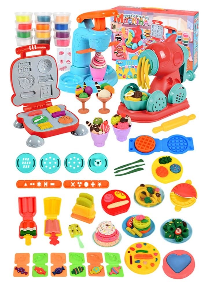 3 in 1 Color Dough Set Kitchen Creations with Ice Cream/Noodle/Hamburger Maker Machine, Arts Crafts Play Food Toys Tools Kit