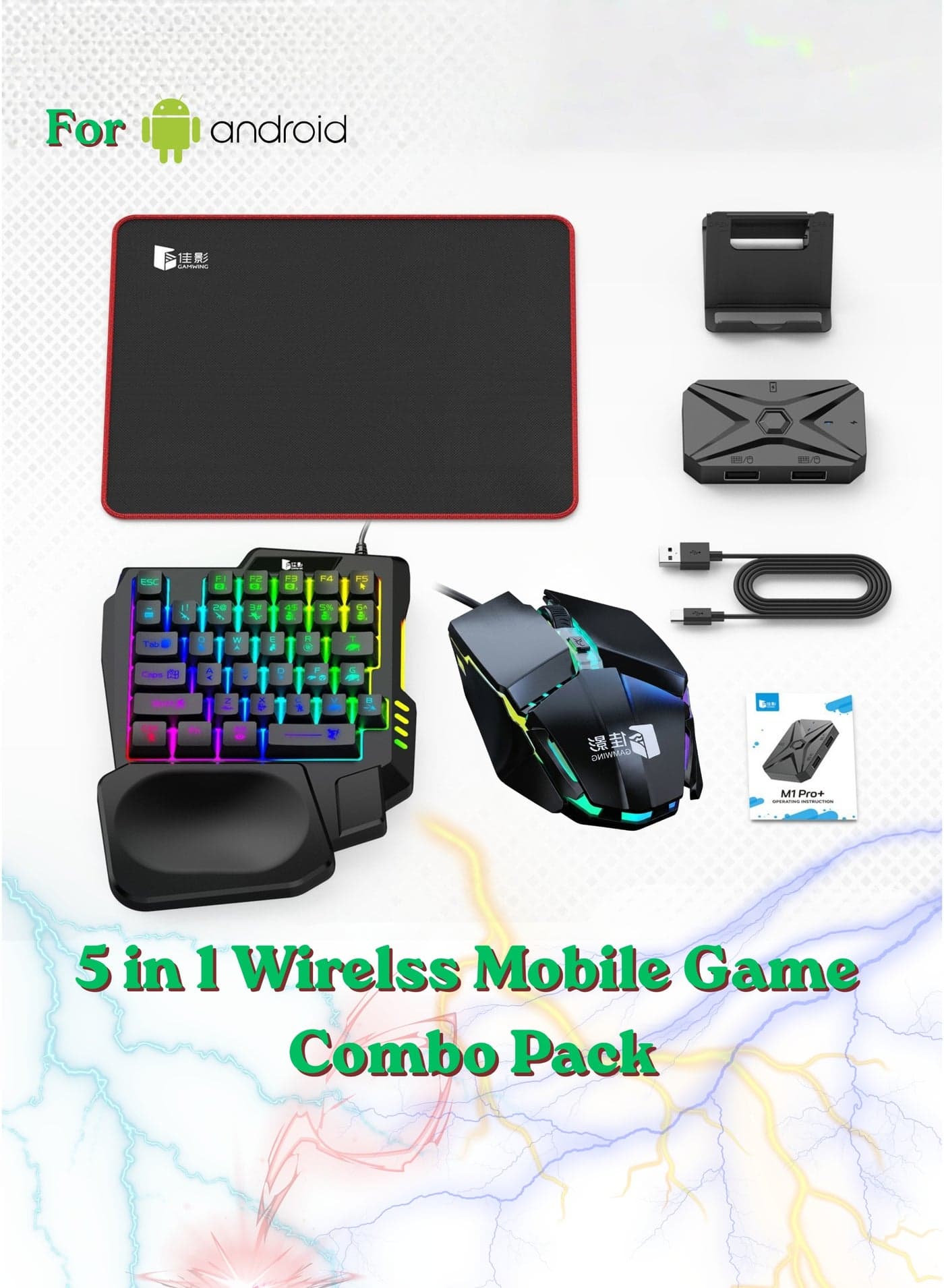 M1 Pro+ Wireless Game 5-in-1 Mobile Gaming Combo Pack with RGB Gaming Keyboard, RGB Gaming Mouse, Mouse Pad, Mobile Stand & USB Receiver – Mobile Gaming Keyboard Mouse Set for PUBG, Free Fire, Call of Duty, Android Smartphones