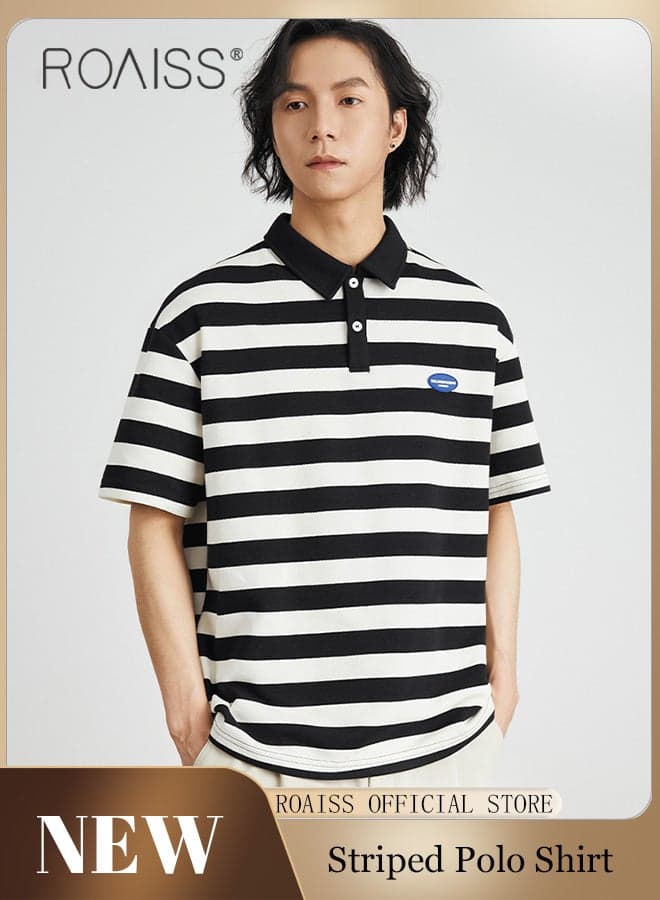 Men Stylish Polo Shirts, Short Sleeve Striped T Shirt, Casual Versatile Tops with Button Closure, Great for Daily Wear or Any Outdoor Activities
