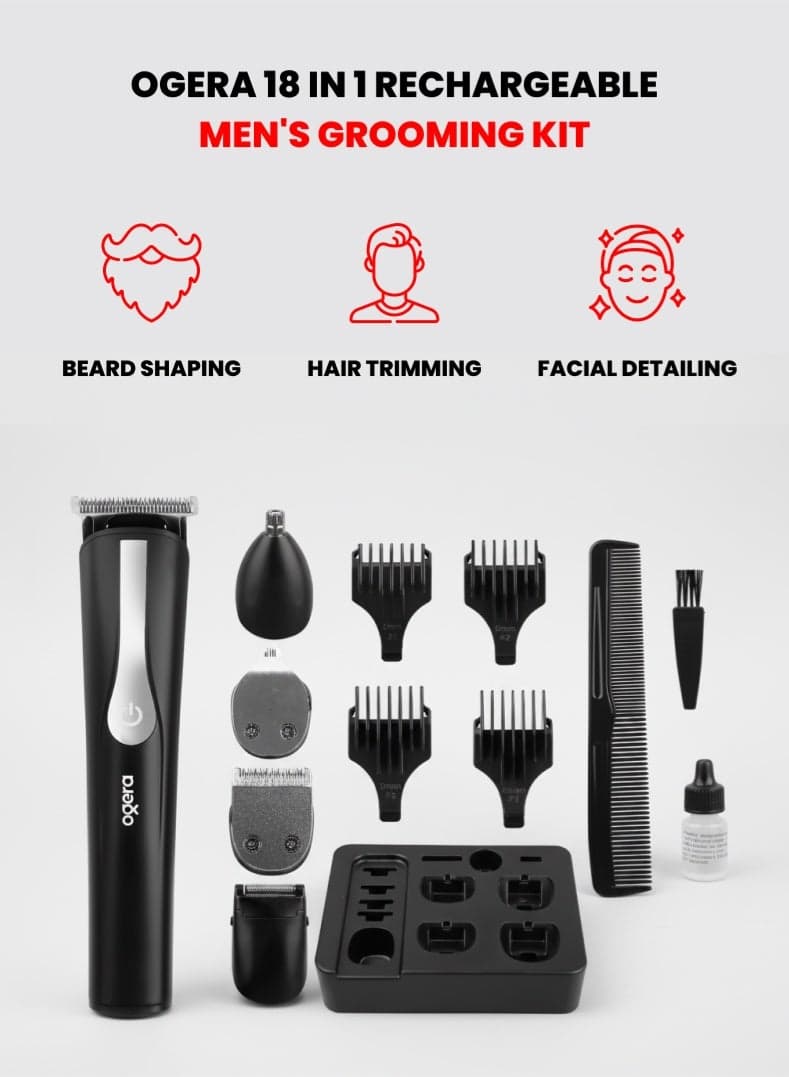 18-in-1 Rechargeable Grooming Kit | All-in-One Multi-Function Trimmer Set | Precision Stainless Steel Blades | Beard, Nose, Ear & Body Attachments | Adjustable Combs | Long Battery Life & Low-Noise Motor | Model OG2001HT | Black 2 year warranty