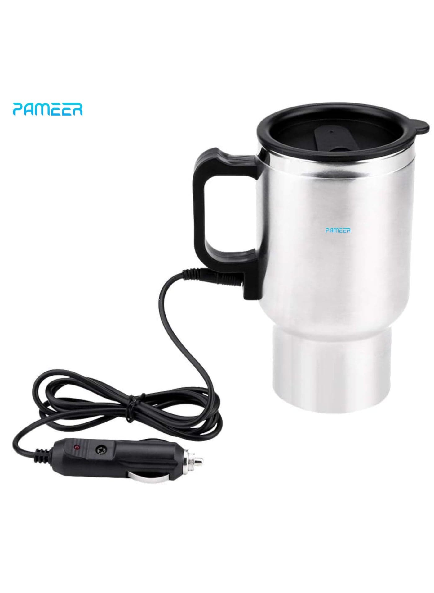 12V Car Heating Cup, 473ml/16 oz Stainless Steel Car Water Coffee Tea Boiling Heated Mug, Insulated Heated Thermos Mug Airtight Lid Auto Insulated Plug Power Silver Color